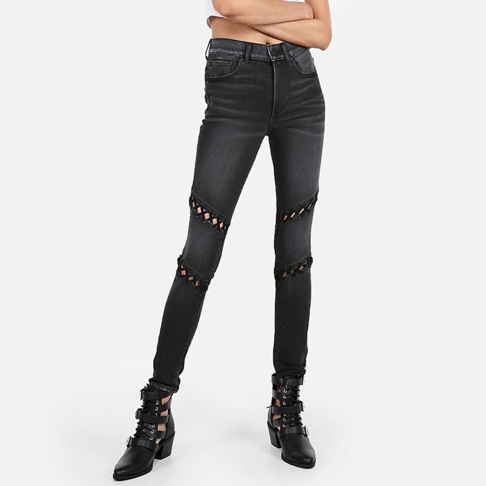Express Black Denim Lace Up Detail Jeans